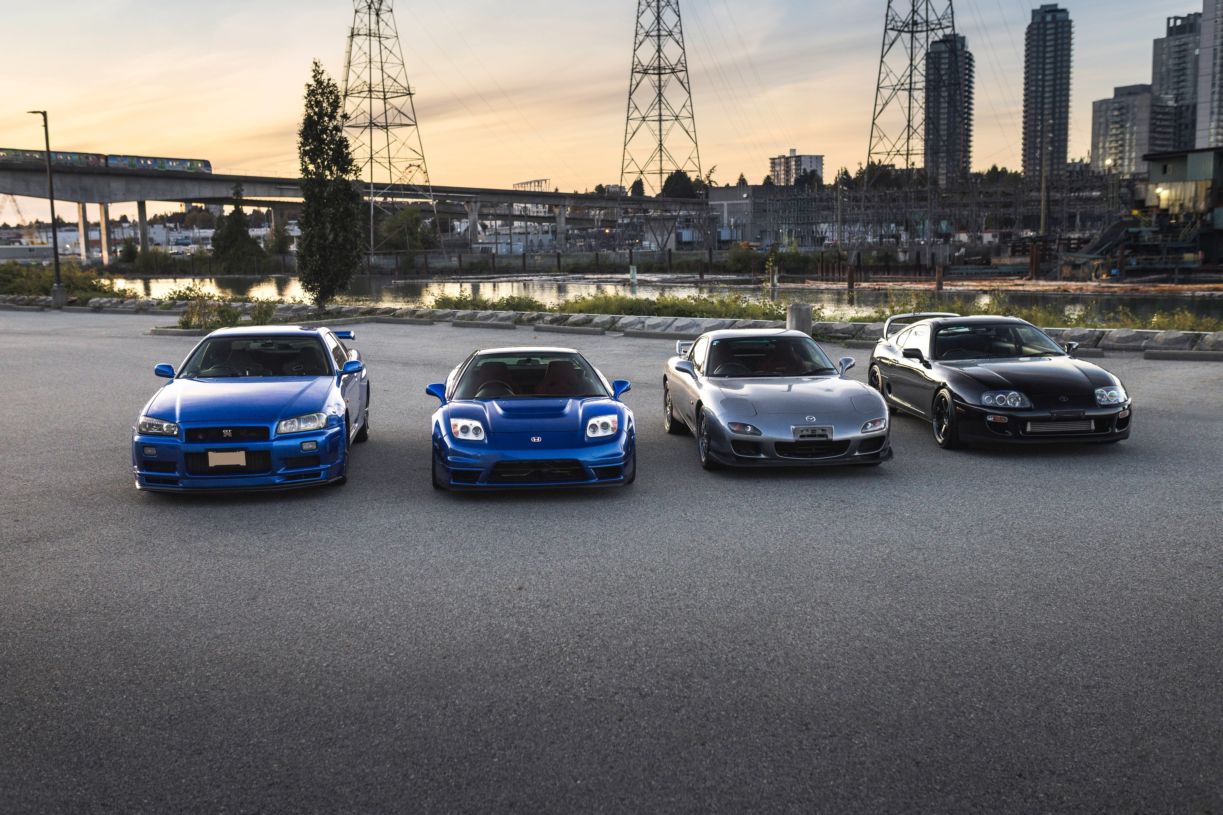 A Bayside Blue Skyline GT-R, blue NSX-R, grey RX-7 Spirit R and black Supra RZ gathered for the DLLMotorsports shoot