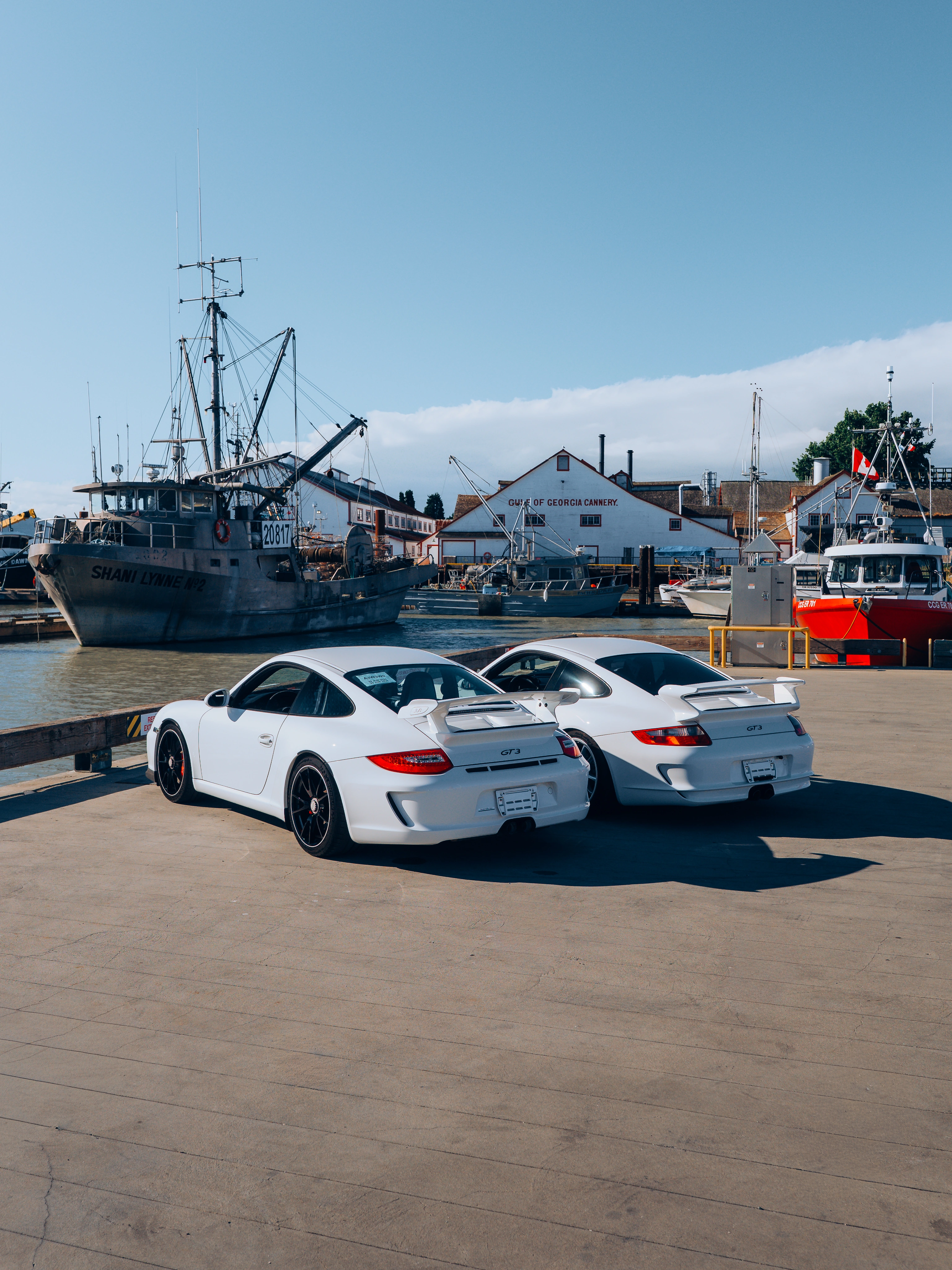 The two Porsche 911 GT3s viewed from the rear