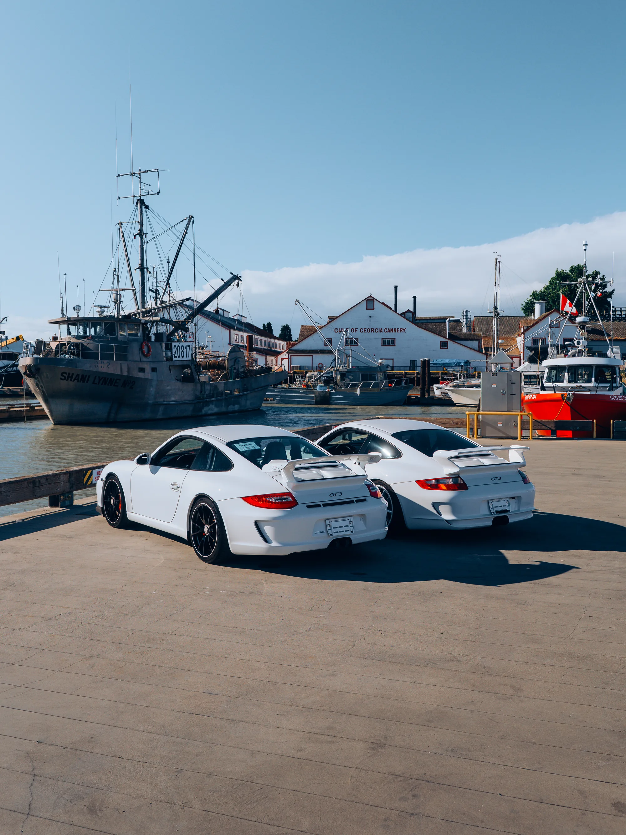 The two Porsche 911 GT3s viewed from the rear