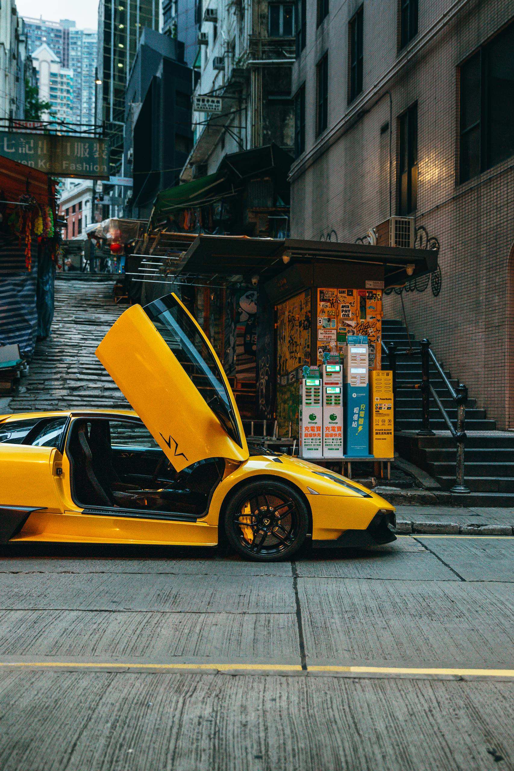 Right-hand-drive Murciélago SuperVeloce with its scissor door raised in Hong Kong
