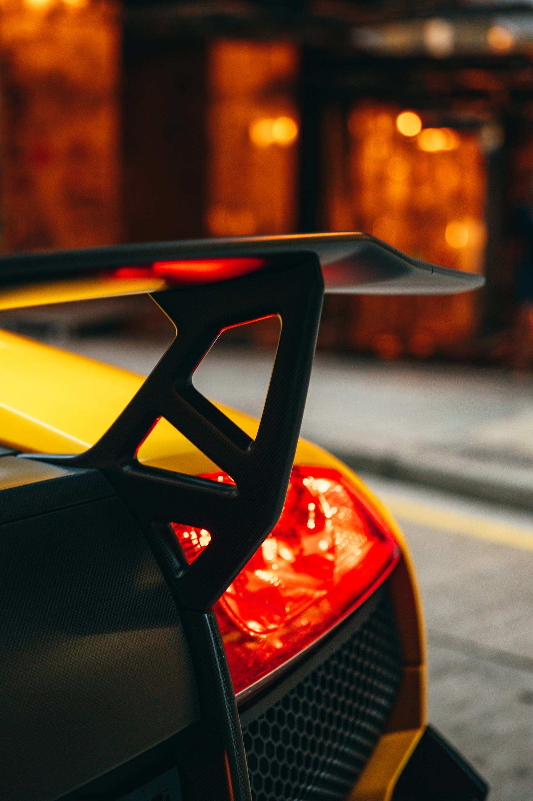 Carbon-fibre rear wing and taillight of the Murciélago SuperVeloce in Hong Kong